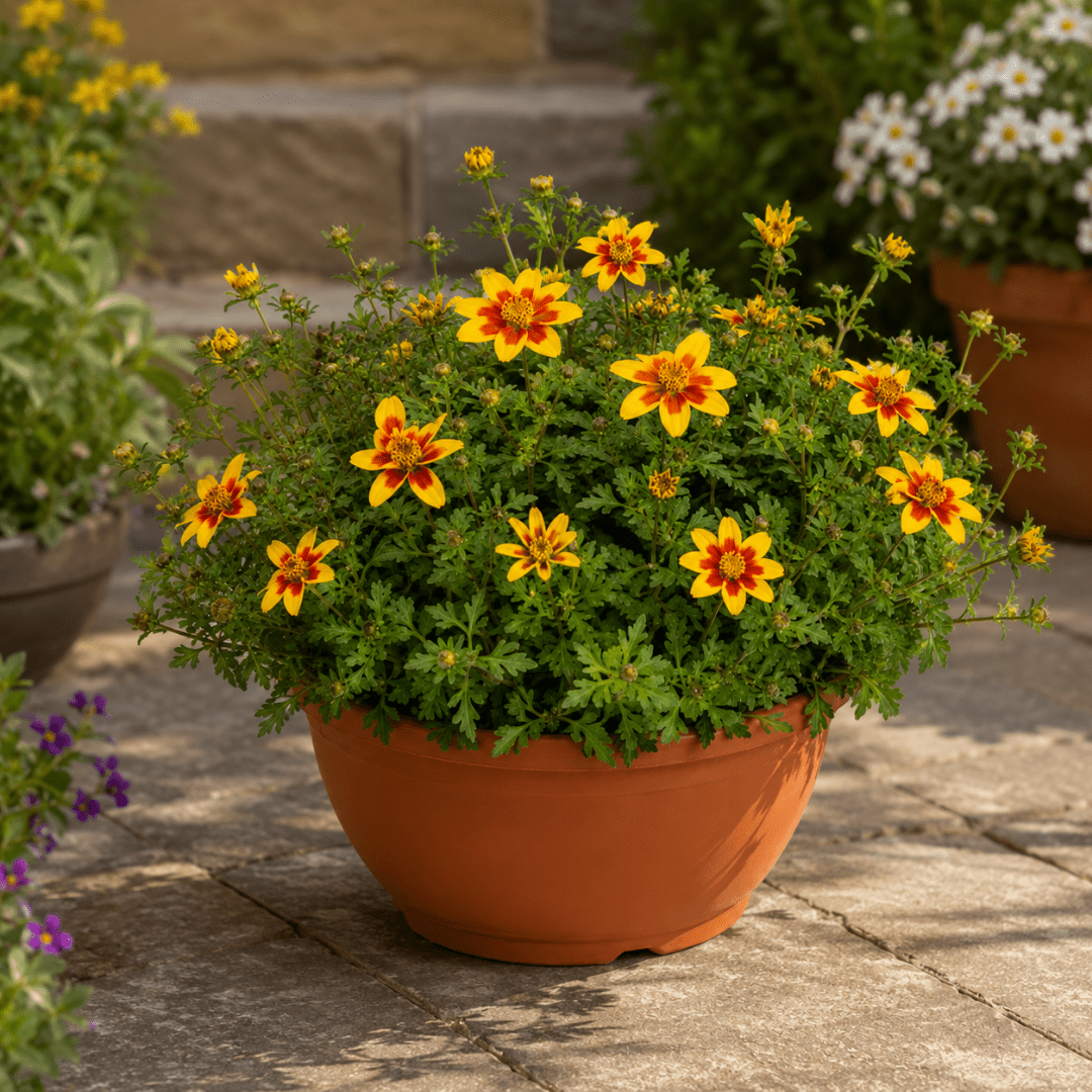 1 Bidens Taka Tuka Yellow Red Star, Summer Flowering Trailing Plant, Outdoor Garden Ready, 21cm Root-Ball - Frankton's