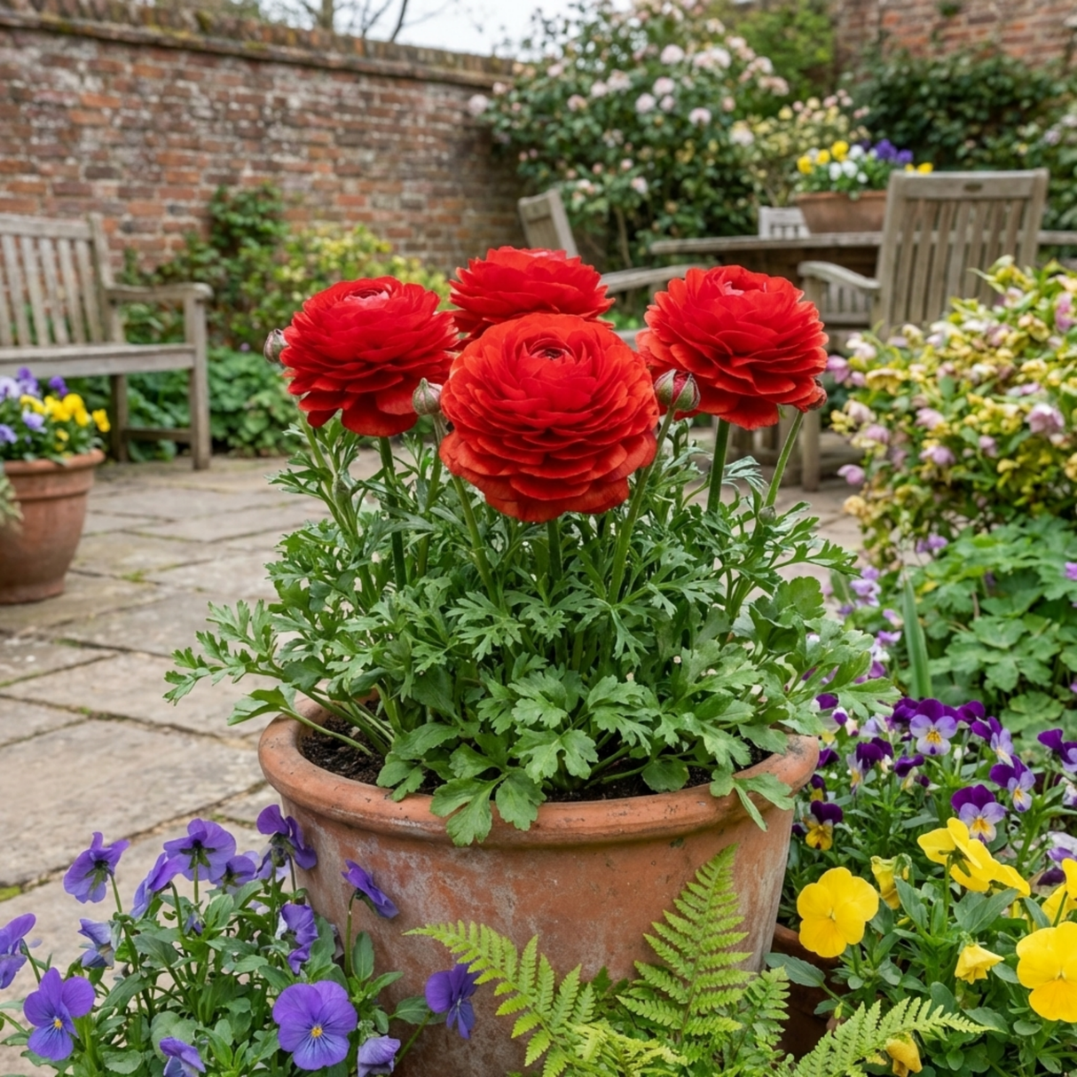Set of 3 or 6 Ranunculus Vortex Red Persian Buttercup Plants, Spring & Autumn Flowering, Outdoor Garden Ready, 1 Litre Root-Ball - Frankton's