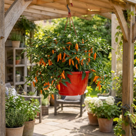 Chilli Pepper Hanging Basket, 25cm Pots, Orange GYO - Frankton's