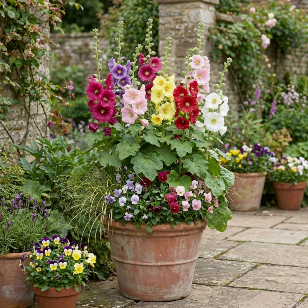 Set of 3 or 6 Hollyhock Growers Mix Hardy Cottage Garden Perennial Plants, Bee Friendly, Outdoor Garden Ready, 1 Litre Root-Ball - Frankton's