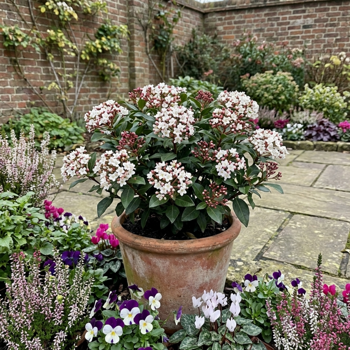 Set of 3 or 6 Viburnum Tinus Gwenllian Hardy Evergreen Flowering Shrub Plants, Winter Flowering Hedge, Outdoor Garden Ready, 11cm Root-Ball - Frankton's