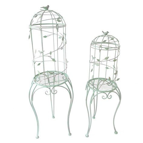 Pair of Antique Green Bird Cage Planters with Stands - Frankton's